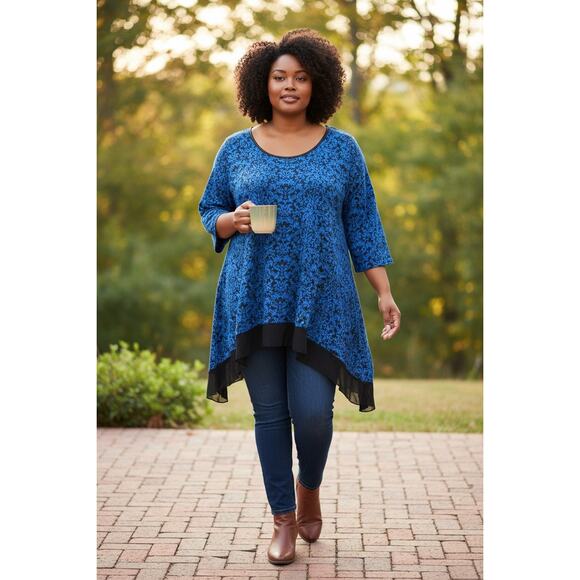 Bleeker & Mcdougal Top Shirt Blouse Plus Size 1X Blue Black Tunic Made USA New - Picture 6 of 6